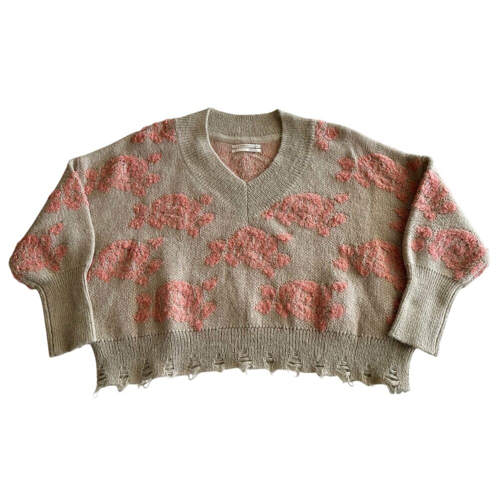 by Anthropologie Luclia Distressed‎ Hem Boxy Floral Intarsia V Neck Sweater S P - Picture 1 of 8